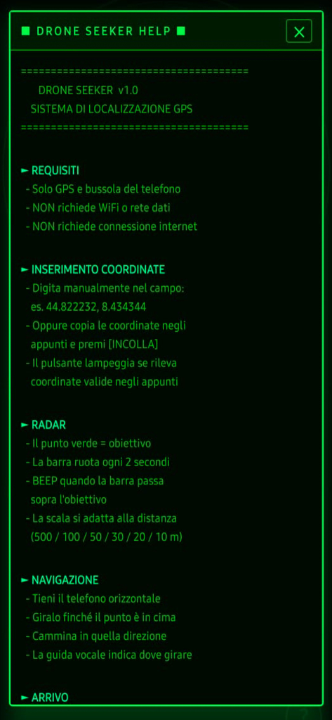 Drone Seeker - Tela de ajuda do Drone Seeker mostrando navegação GPS e instruções de radar em uma interface de estilo de terminal verde.