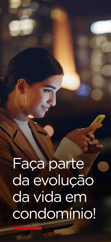 Manager Adm - A woman using a property management app on her smartphone at night with city lights in the background