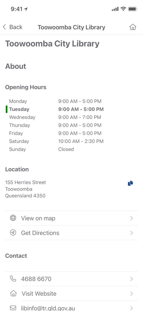 Toowoomba City Library screen displaying opening hours location address and contact links