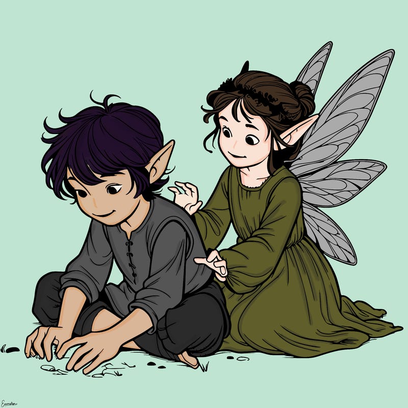 realistic young fae boy and girl playing