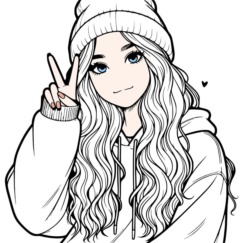a teenage girl in a beanie, oversized sweatshirt, wavy long hair, and is showing a ✌️