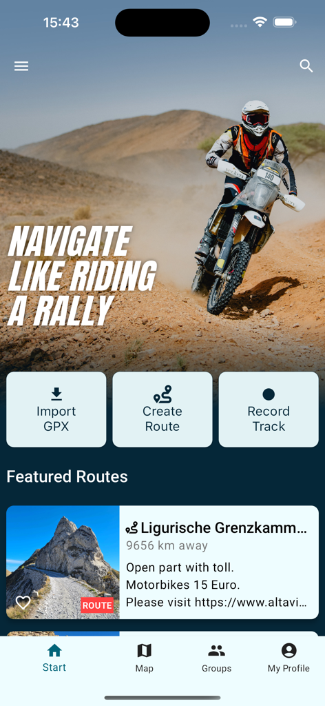 Seekers - Off-Road Navigation - Schermata principale dell'app di navigazione off-road Seekers che mostra un pilota di moto da rally e opzioni per importare GPX o creare percorsi