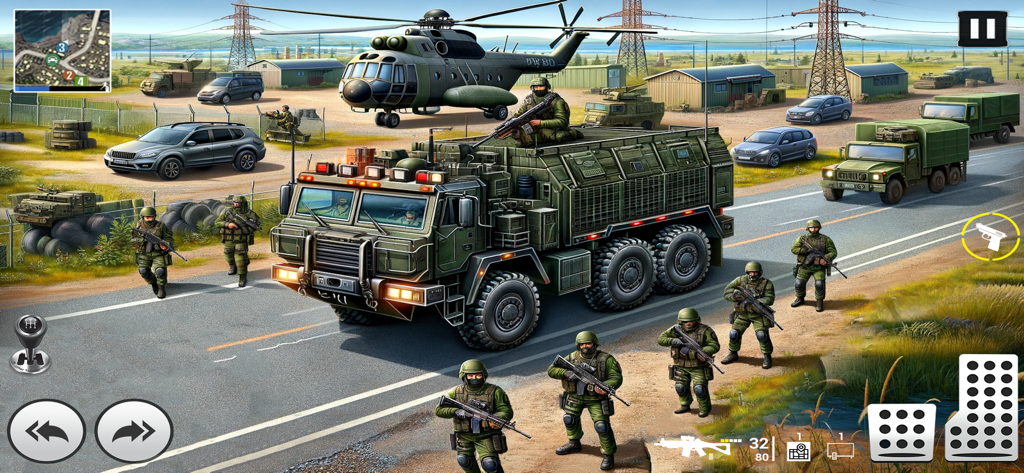 Military Vehicle Transport Sim - An armored military truck and soldiers in a vehicle transport simulation game.
