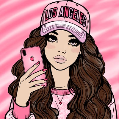 realistic beautiful girl wearing los ángeles cap holding an iphone
