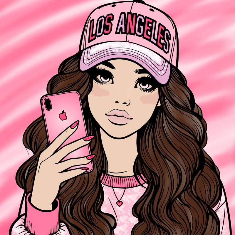 realistic beautiful girl wearing los ángeles cap holding an iphone