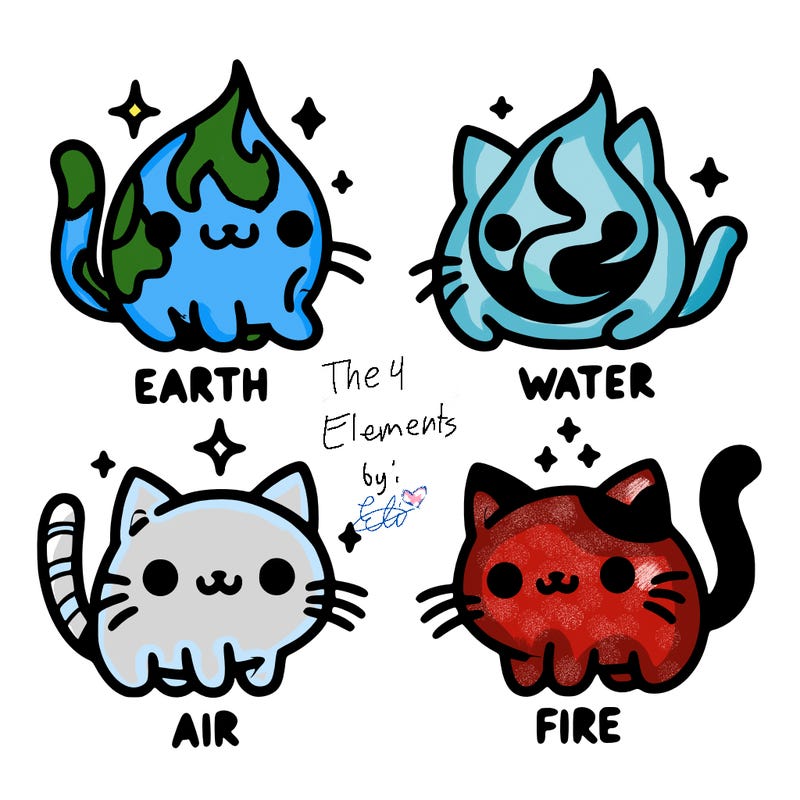 4 cats that represent the different elements, earth, water, air, and fire
