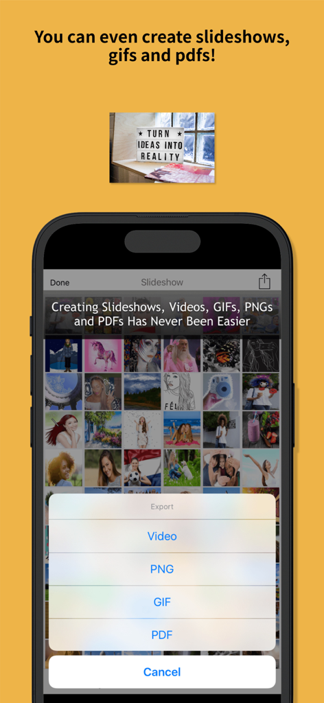 Schermata dell'app mobile You Doodle Pro che mostra le opzioni di esportazione per formati video, png, gif e pdf.