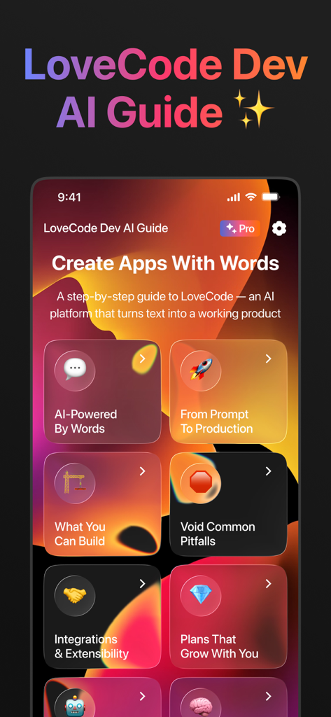 LoveCode Dev AI Guide - Interface of LoveCode Dev AI Guide app featuring options to build apps using words and AI prompts