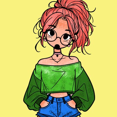 girl with a messy ponytail glasses a baggy crop top and jean shorts