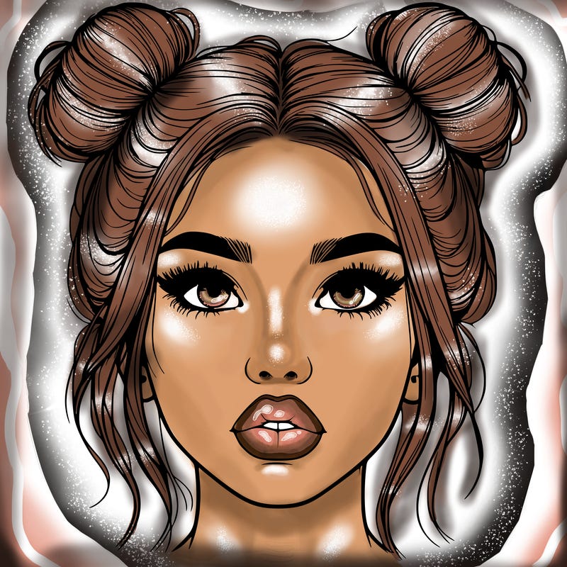 realistic girl with two buns on her hair and lips