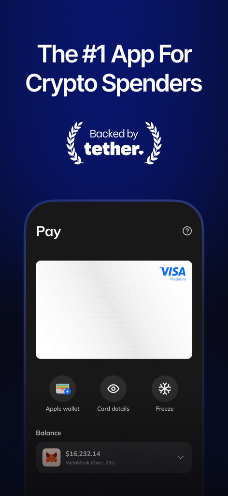 Oobit – Pay with Crypto Card - Interface de l'application Oobit montrant une carte Visa Platinum et le solde d'un portefeuille MetaMask connecté