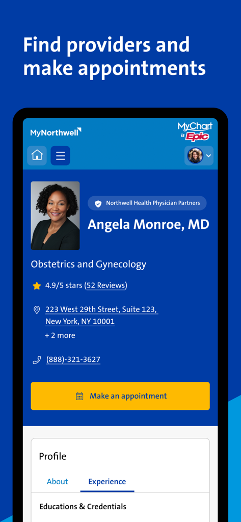Interface of the MyNorthwell app showing a physician profile for Angela Monroe MD with a prominent button to make an appointment.