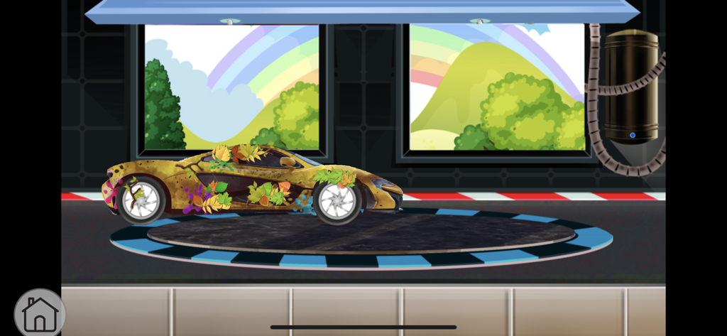 Car Wash Learning Unlocked - Um carro esportivo amarelo sujo coberto de folhas dentro de uma garagem de lavagem de carros.