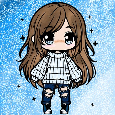 chibi girl with ripped jeans,long hair, and an oversized sweater