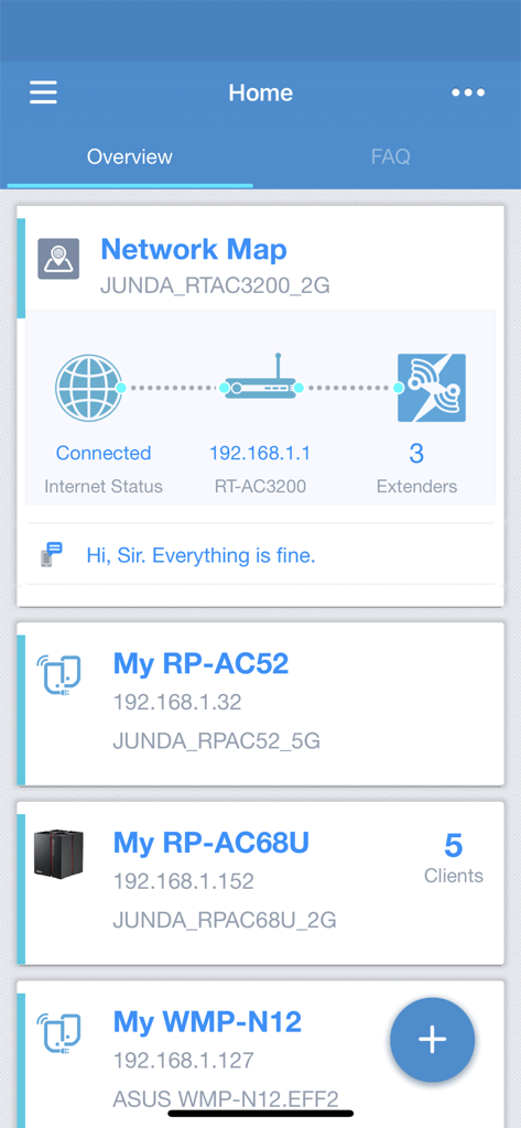 ASUS Extender - The home screen of the ASUS Extender app displaying a network map and a list of connected Wi-Fi extenders.