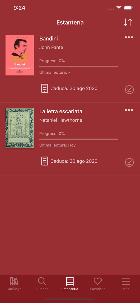 BNP Biblioteca Pública Digital - Vista del estante en la aplicación BNP Biblioteca Pública Digital mostrando libros electrónicos prestados y el progreso de lectura