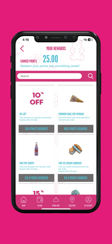 Marble Slab - Marble Slab app rewards interface displaying earned points and available coupons for ice cream treats.