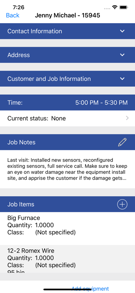 iFleet 4 for Smart Service - iFleet mobile app interface displaying field service job notes and listed inventory items