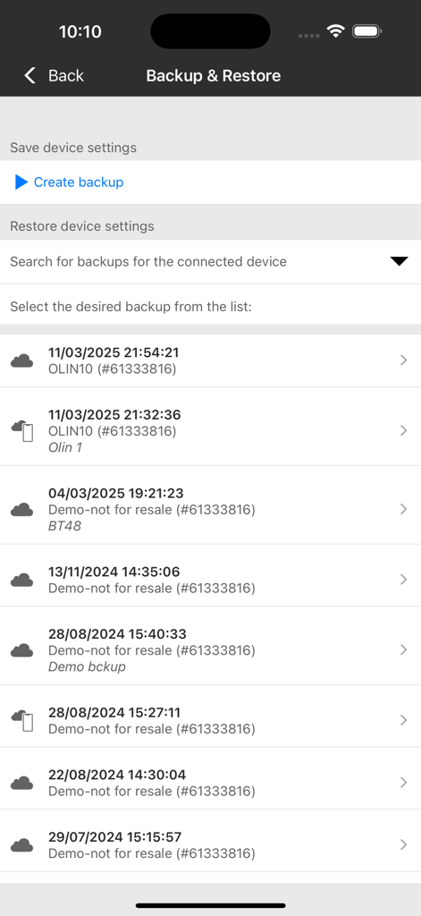 VEGA Tools - Oberfläche der VEGA Tools App, die den Sicherungs- und Wiederherstellungsbildschirm mit einer Liste gespeicherter Sensor-Konfigurationen anzeigt