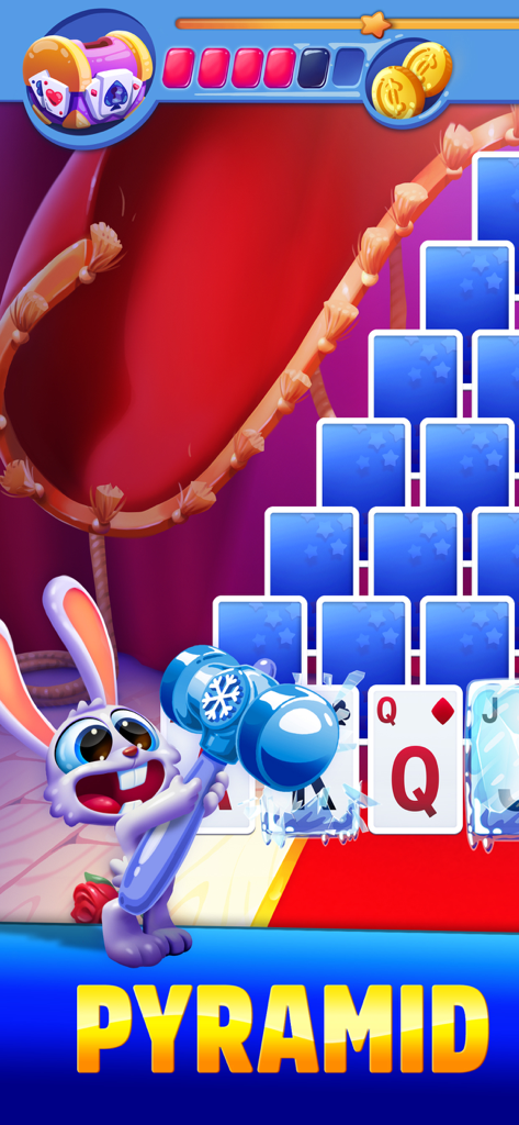 Solitaire Showtime - Solitaire Showtime pyramid card game level with a cute bunny character