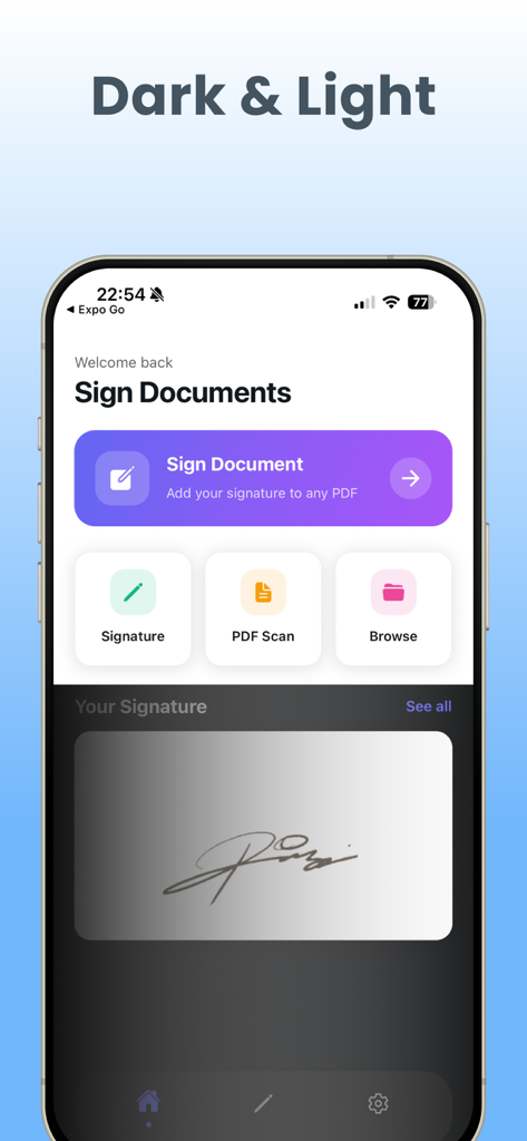 eSigns PDF: Signature Scanner - eSigns PDF app home screen showing options to sign documents, scan PDFs, and capture signatures