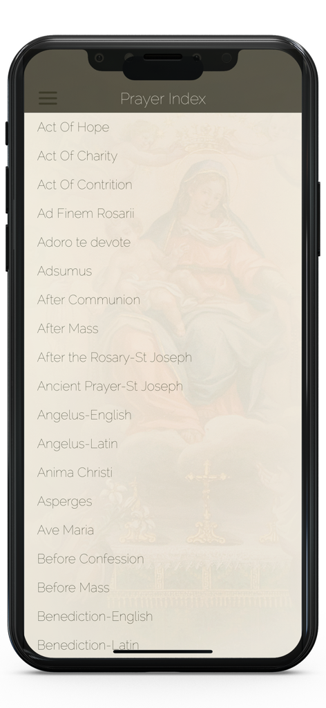 영어와 라틴어 옵션이 모두 있는 PrayersPlus 앱의 전통적인 가톨릭 기도 목록