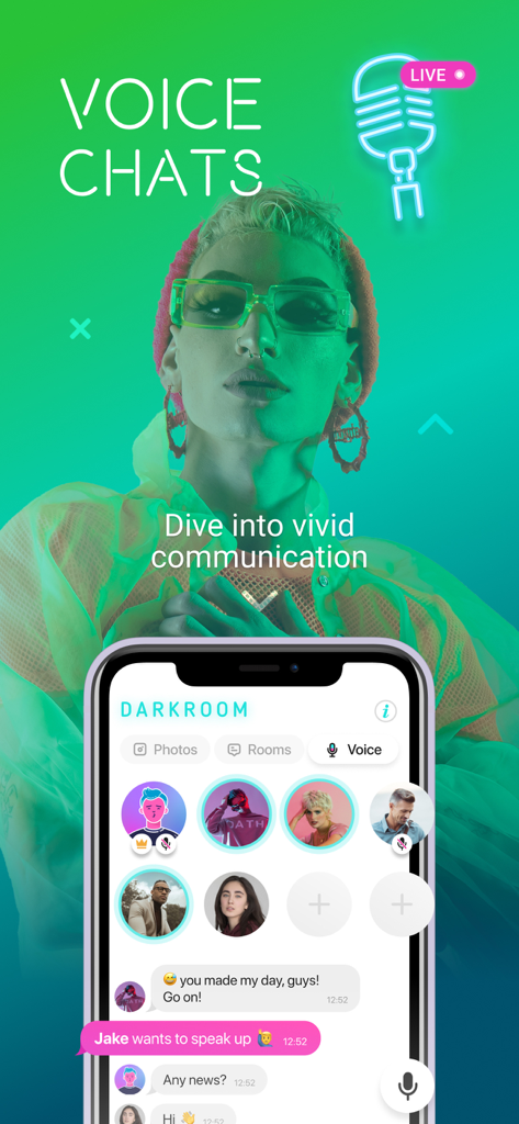 Chance - Gay, Lesbian Dating - Interface of the Chance dating app showing the Darkroom live voice chat rooms and user avatars.