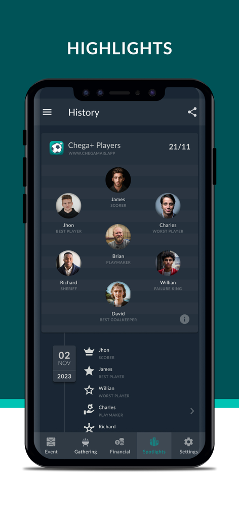 A screenshot of the Chega+ app showing match highlights with player awards and rankings