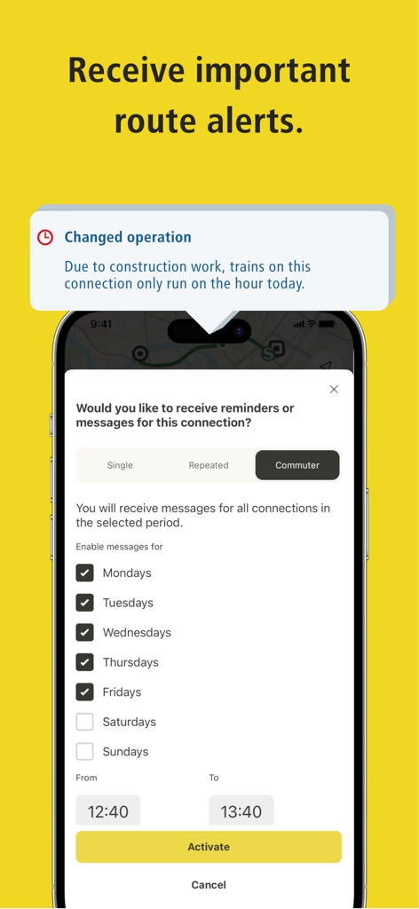 Écran de smartphone affichant les alertes d'itinéraire et les paramètres de notification des navetteurs dans l'application BVG Fahrinfo