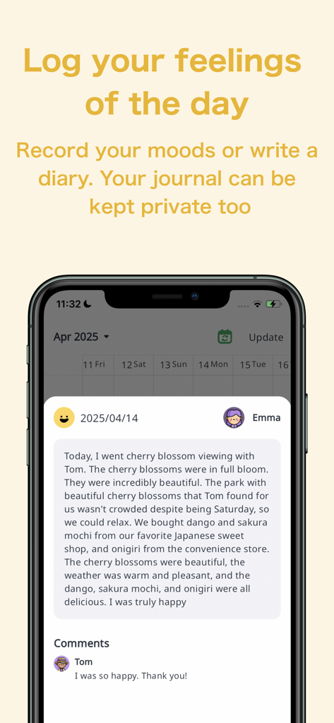 ienon app mood tracking feature showing a shared journal entry between partners