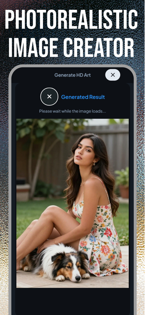 AI Image Generator Anime Maker - AI Image Generator app interface showing a photorealistic image of a woman with a dog