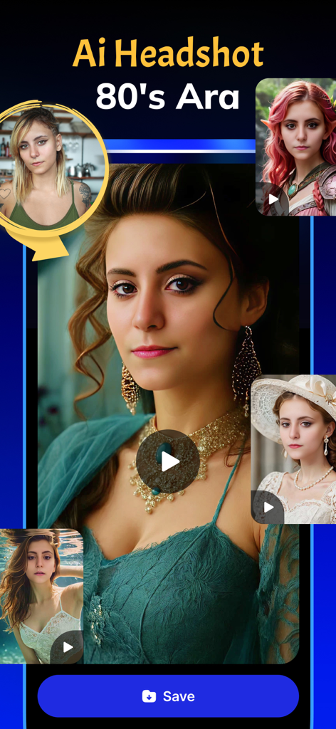 AI Video Creator - MagicVid.AI - AI headshot generator app interface showing 80s era and fantasy style portrait transformations.