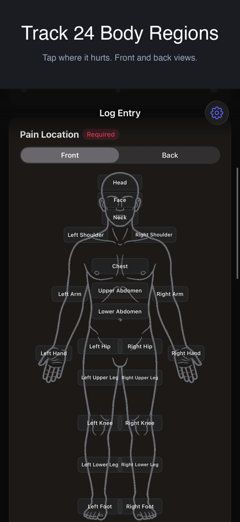 PainLog - Symptom Diary - Interfaz de la aplicación PainLog que muestra un mapa corporal para seleccionar y rastrear el dolor en 24 regiones del cuerpo.