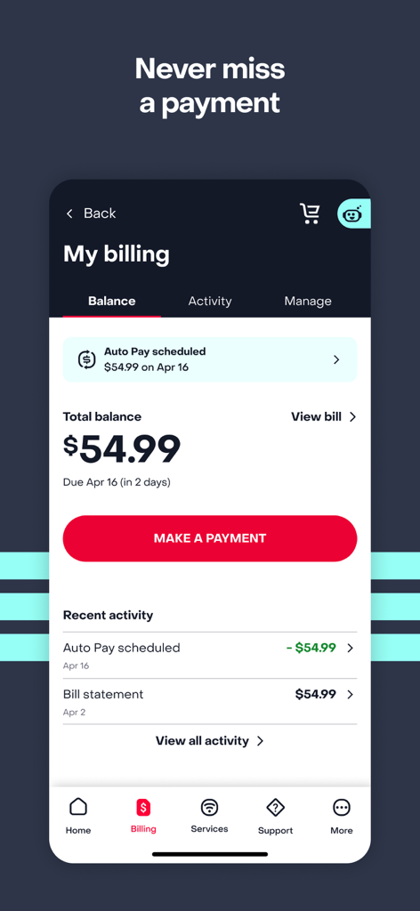 MyFrontier mobile app billing interface showing current balance and auto pay status