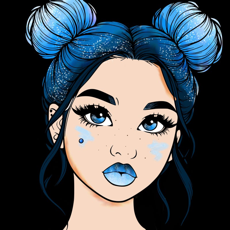 realistic girl with two buns on her hair and lips
