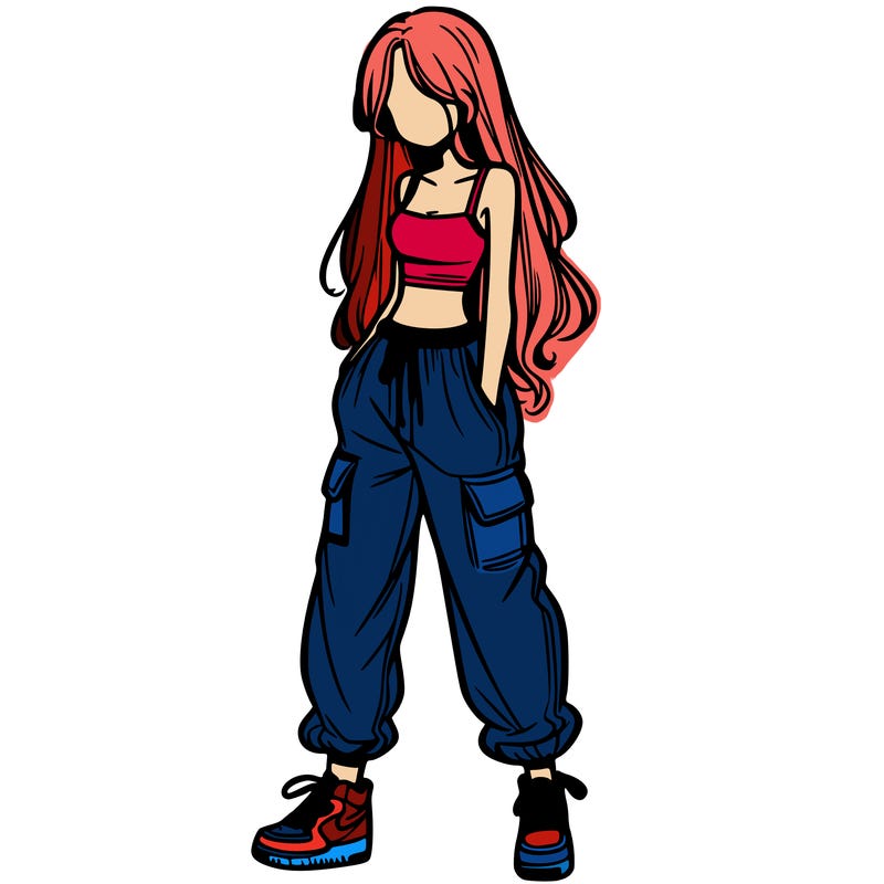 girl in baggy pants crop top and long hair