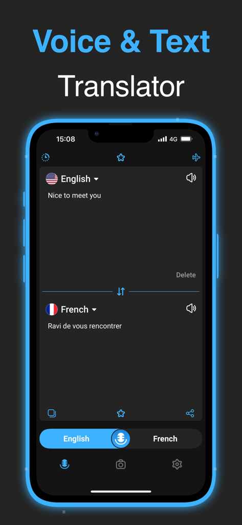 Camera Translator from Adapps - Smartphone-Bildschirm mit der Sprach- und Textübersetzungsoberfläche von Englisch nach Französisch