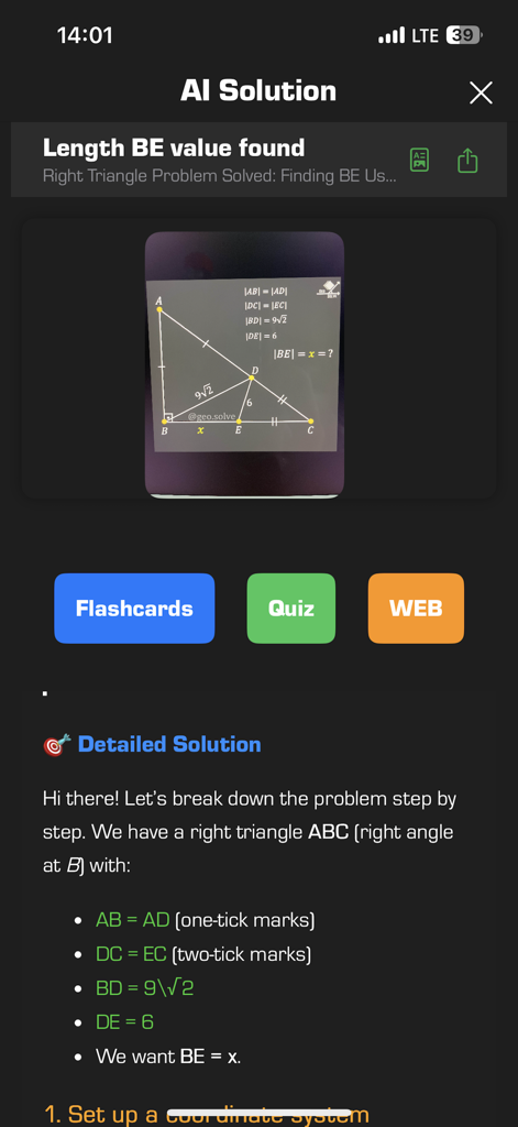 Homework Solver : QuickNotes - La aplicación QuickNotes IA proporciona una solución detallada paso a paso a un problema de geometría a partir de una foto.