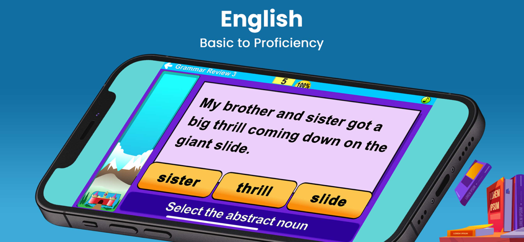 A smartphone screen showing an interactive English grammar review lesson from the Learning Upgrade app where the user must identify an abstract noun in a sentence.
