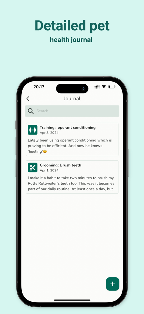 Furry Friend : Pet Care App - A mobile app interface displaying a detailed pet health journal with training and grooming entries.