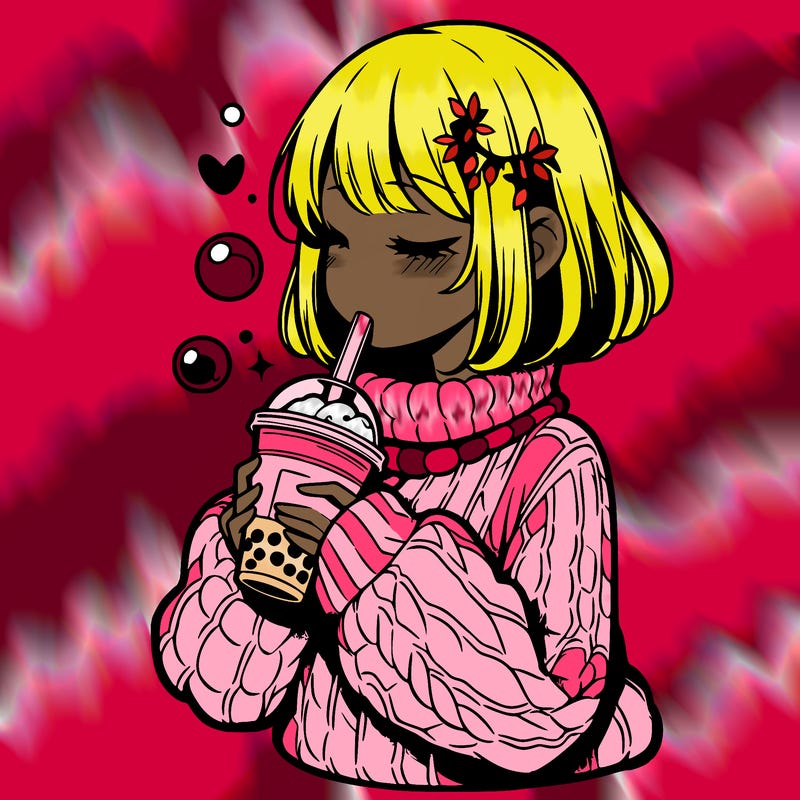 manga girl drinking boba in cozy sweater