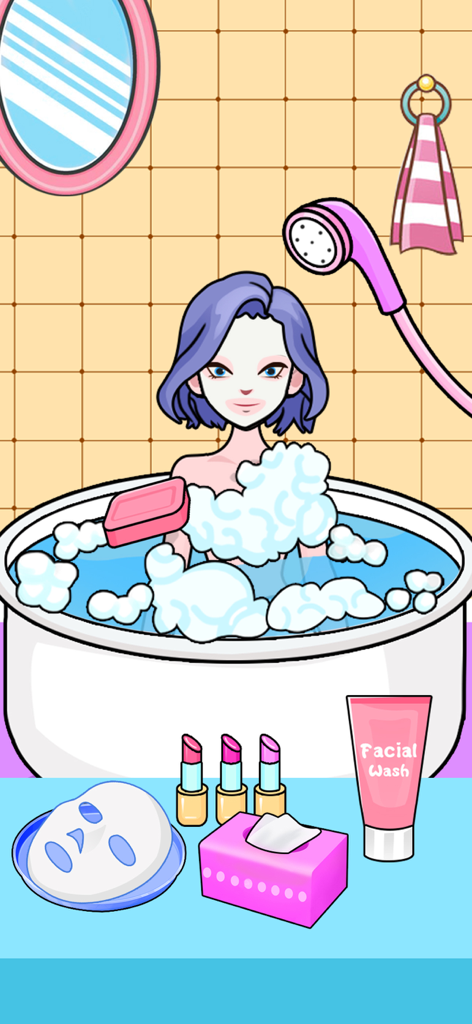 DIY Paper Doll: Sweet Dress Up - Muñeca de papel con mascarilla en un baño de burbujas con accesorios de cuidado de la piel