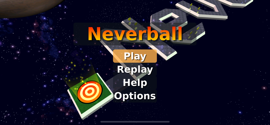 Neverball - The main menu screen of the Neverball 3D marble rolling game showing play and options buttons.