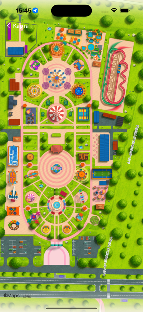 놀이기구와 어트랙션을 보여주는 유라시아 파크 놀이공원의 대화형 지도
