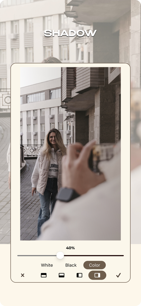 Interfaz móvil de la aplicación MULI mostrando el ajuste de sombras en una foto