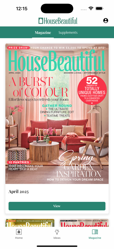 The House Beautiful UK app showing the April 2025 magazine cover with home design inspiration.