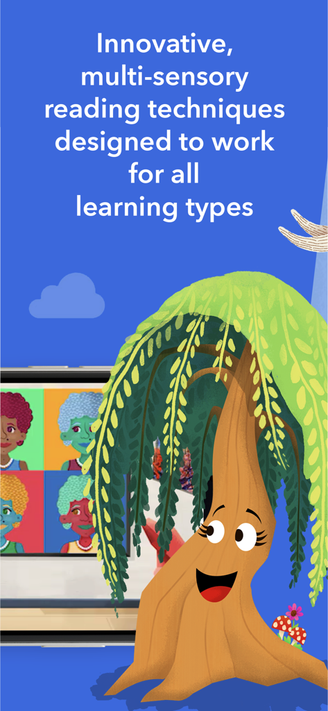 Phonics Museum - Learn to Read - An animated tree character presenting multi-sensory reading techniques for all learning types in the Phonics Museum app.