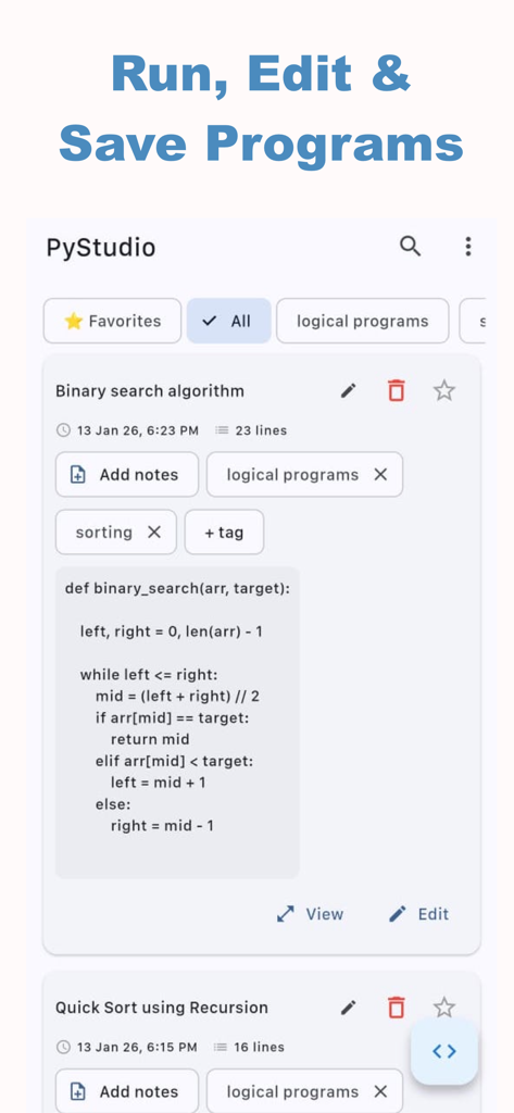PyStudio - Learn & Run Python - PyStudio app interface showing a list of saved Python scripts with tags and notes for easy organization.