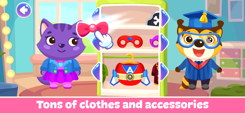 Baby Dress Up Games for Girls! - 귀여운 보라색 고양이와 너구리 캐릭터가 옷장에서 다채로운 의상과 액세서리를 착용하고 있는 모습