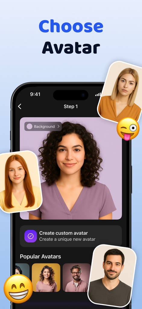 Synthesia AI Avatar maker app interface showing a selection of realistic digital avatars on a mobile screen.